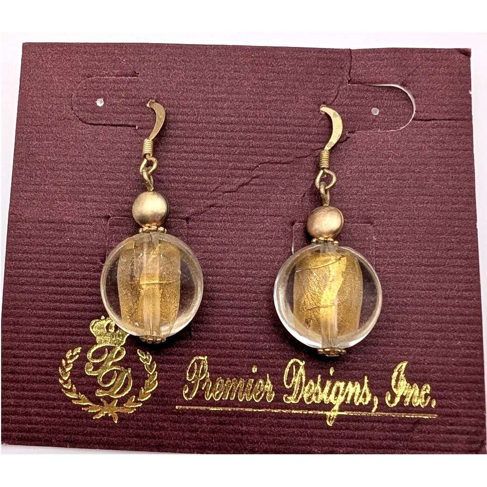 Premier Designs Gold Tone Glass Orb Drop Earrings Clear Gold Foil French Wire